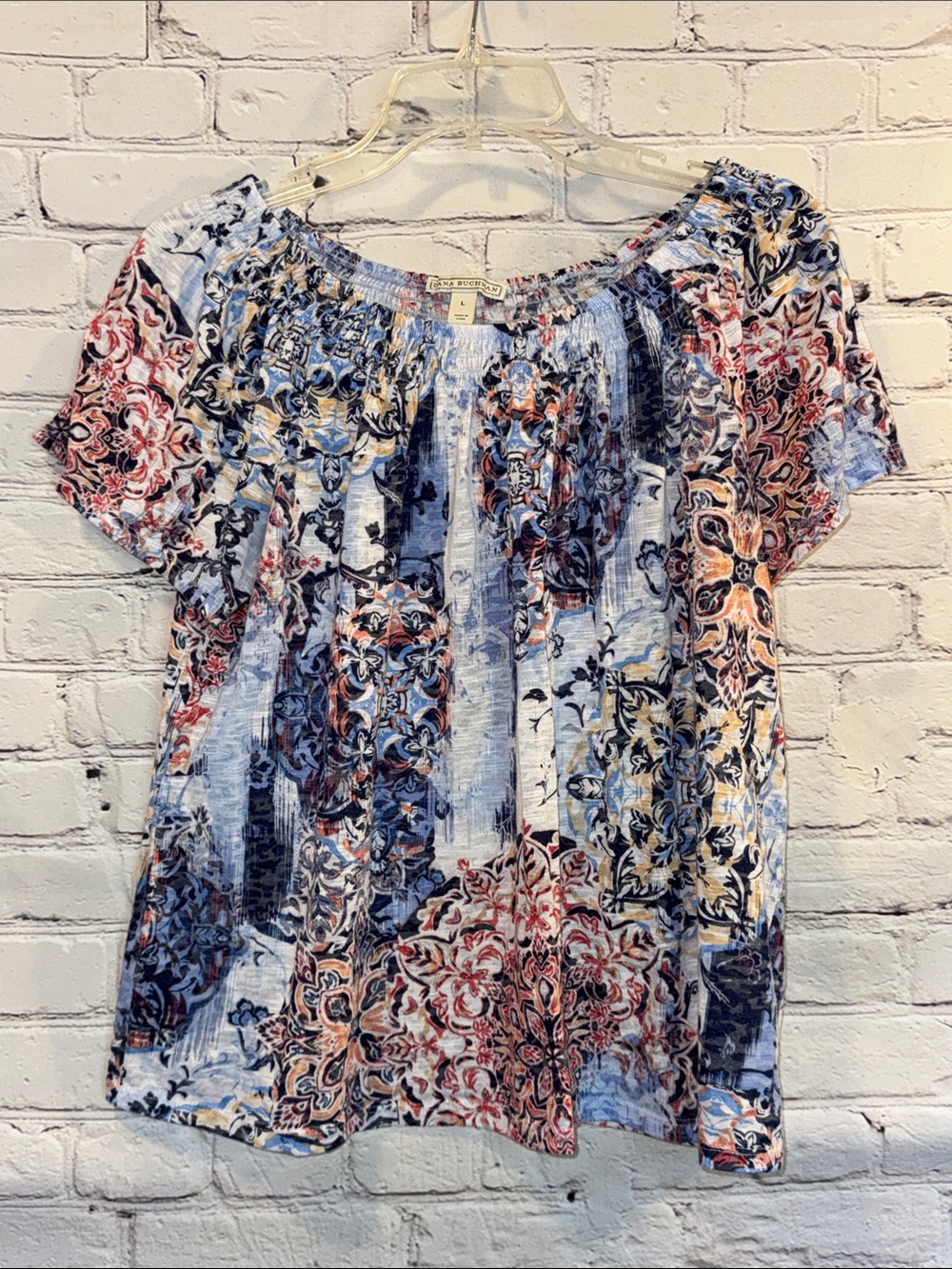 Dana Buchman Blue Multi Floral Off-Shoulder Blouse Bohemian Style Large